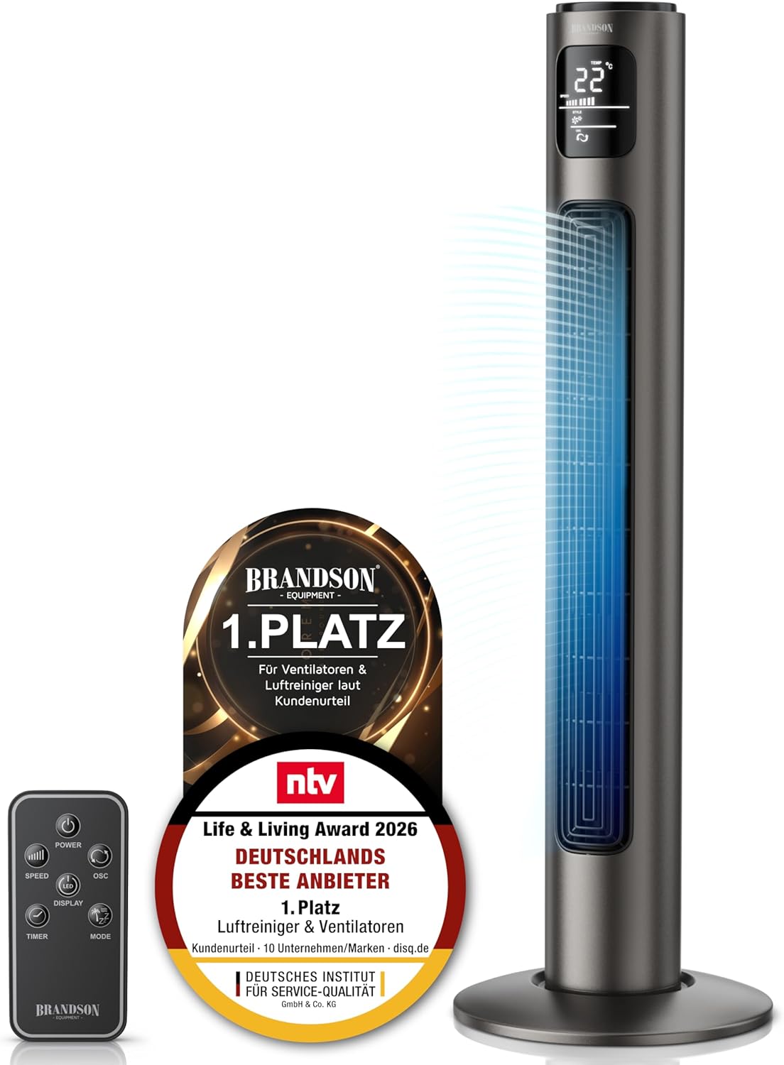 Brandson - Turmventilator, Luftreiniger, Turm-Ventilator, Büro, 45 W, 96 cm, 30 Minuten, 38 dB, 48 dB, 1 – 12 Stunden, LED