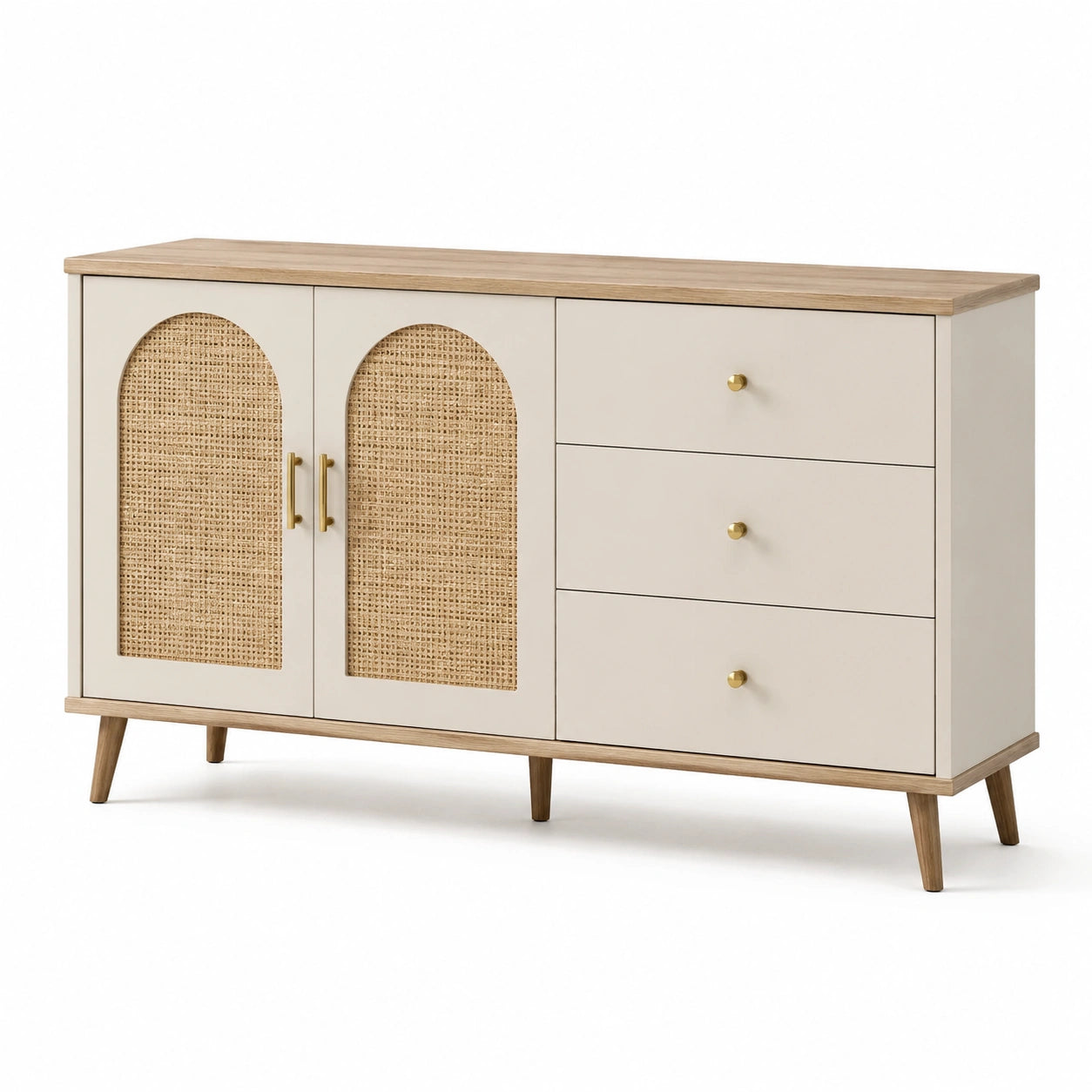 Sideboard mit drei Schubladen und zwei Türen aus Holzwerkstoff und Rattan Beige