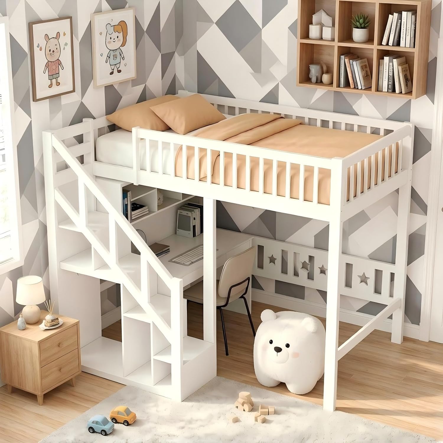 Bett Kinder Etagenbett 90 × 200 Teahutty, 90 × 200 cm), für Mädchen Junge (Weiß, Hochbett Hausbett mit Treppe, Gitter und Rausfallschutz