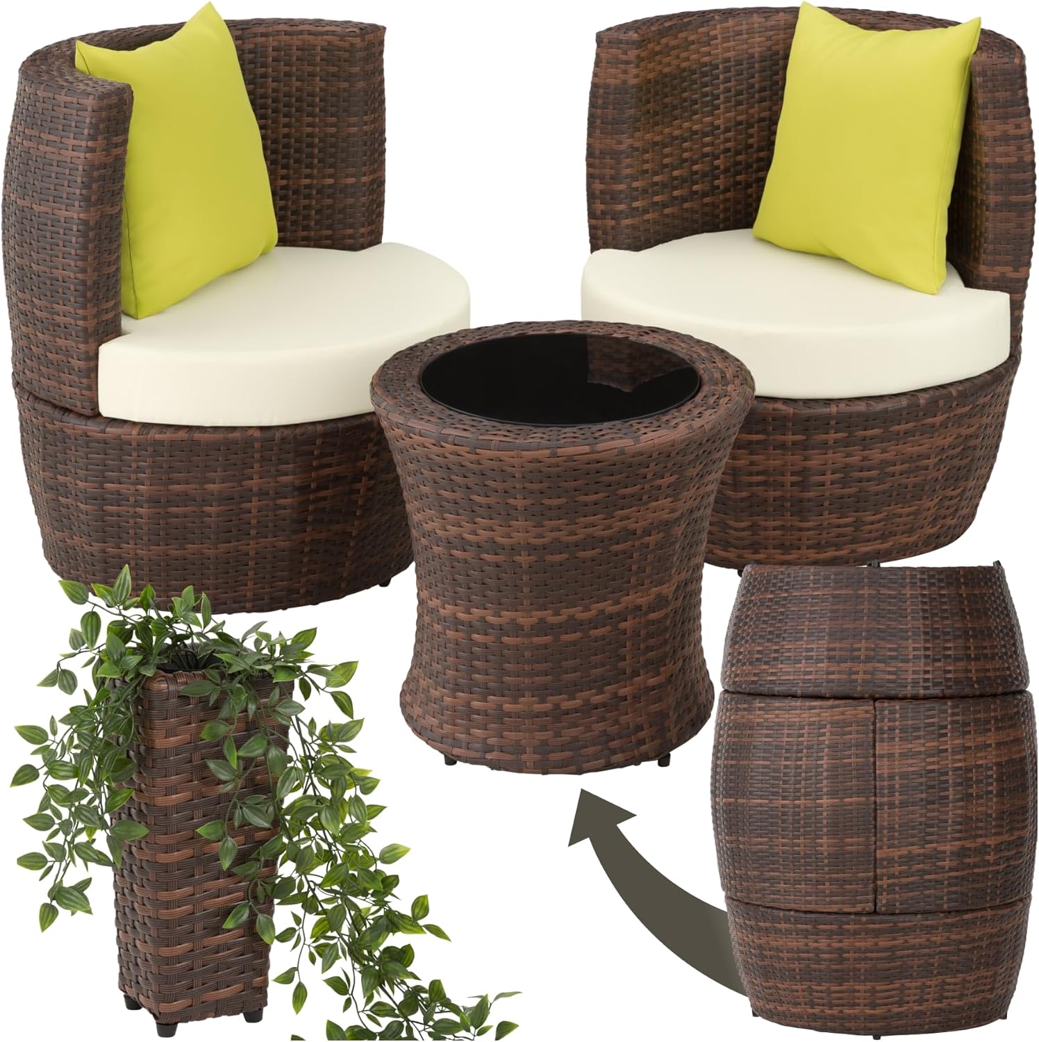Tectake Rattan Set 2 Personen, Tisch, Bistrotisch, Outdoor, Aluminium