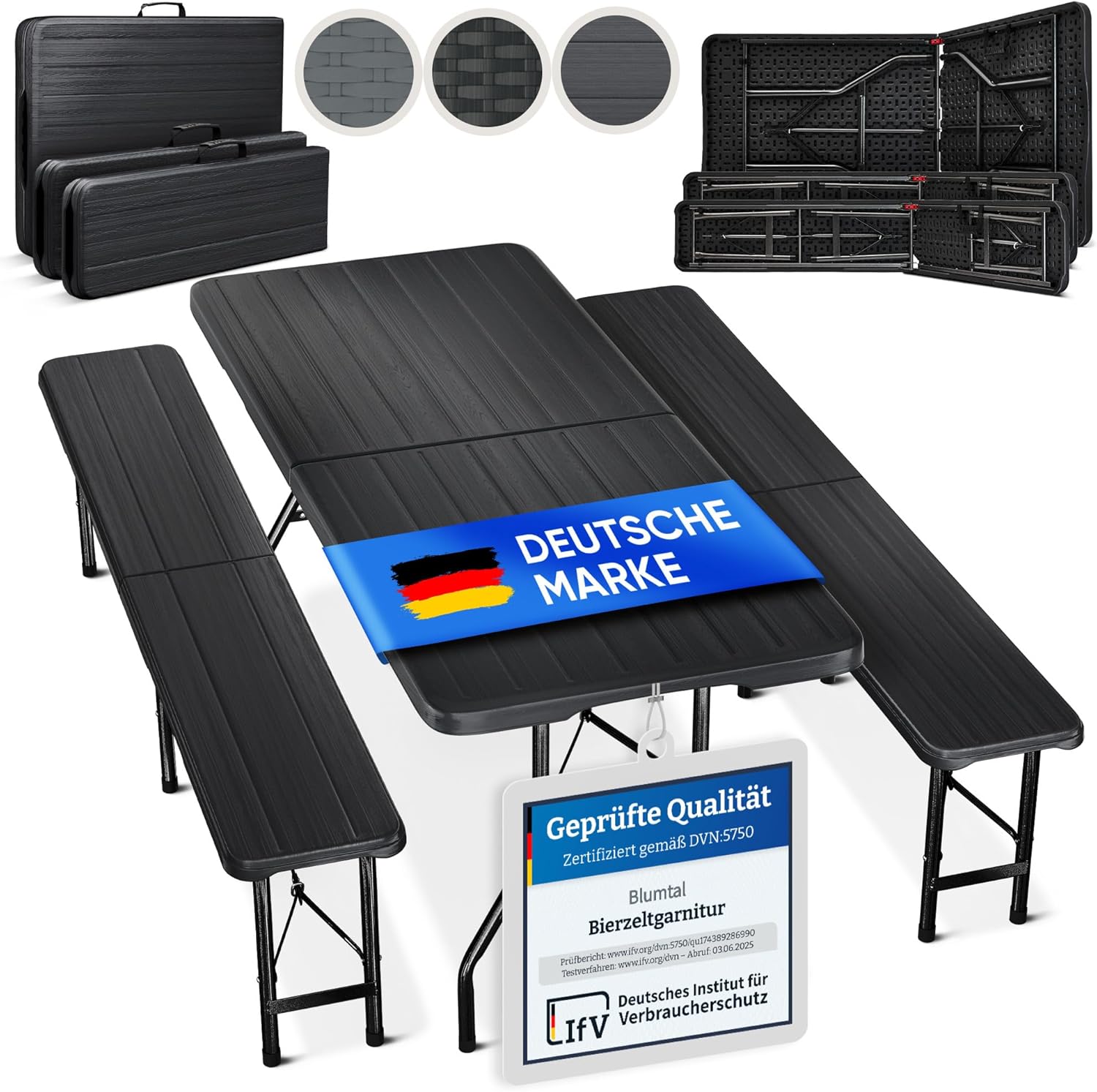Blumtal Bierzeltgarnitur 3er Set - 2X Bierbank + 1x Biertisch, Grilltisch, Bierzelttisch, 183 cm, 43 cm, 74 cm, 10,5 kg, 6,5 kg, Aluminium