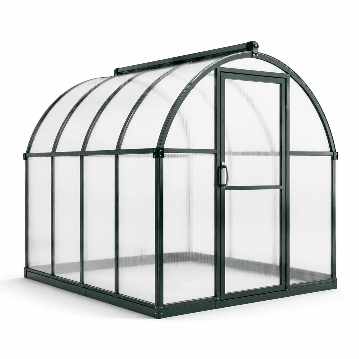 Gewächshaus mit Aluminiumrahmen und Polycarbonatpaneelen, gewölbtes Dach, grün