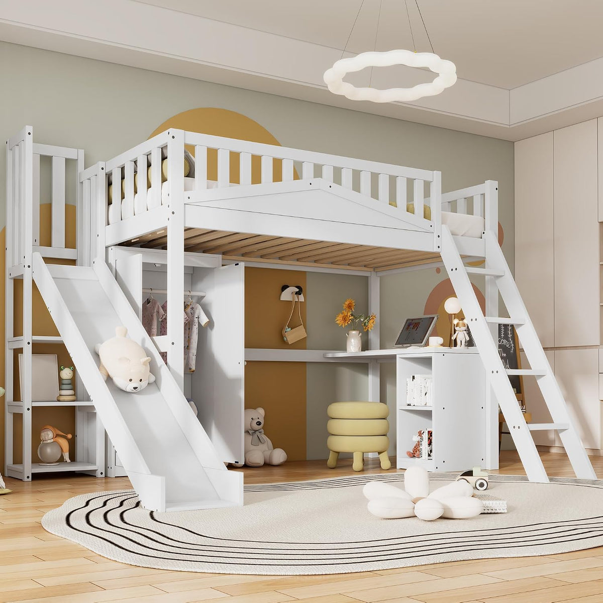 Bett Kinder Etagenbett 90 × 200 Huayz, Hochbett Hausbett mit Rutsche, Kleiderschrank, Schreibtisch, Ohne Matratze, Leiter, Regale, Kiefer