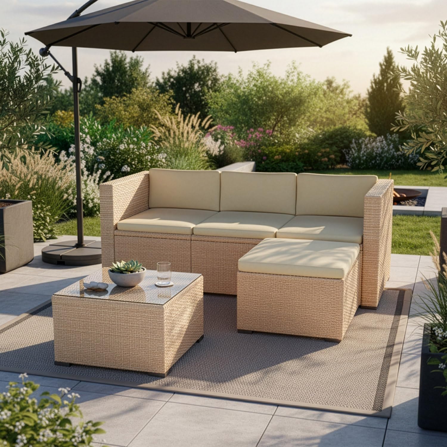Juskys Polyrattan Lounge Punta Cana M für 3-4 Personen mit 3er Sofa, Beistelltisch, Sessel, Garten, 5 cm, 37 cm, 5 mm