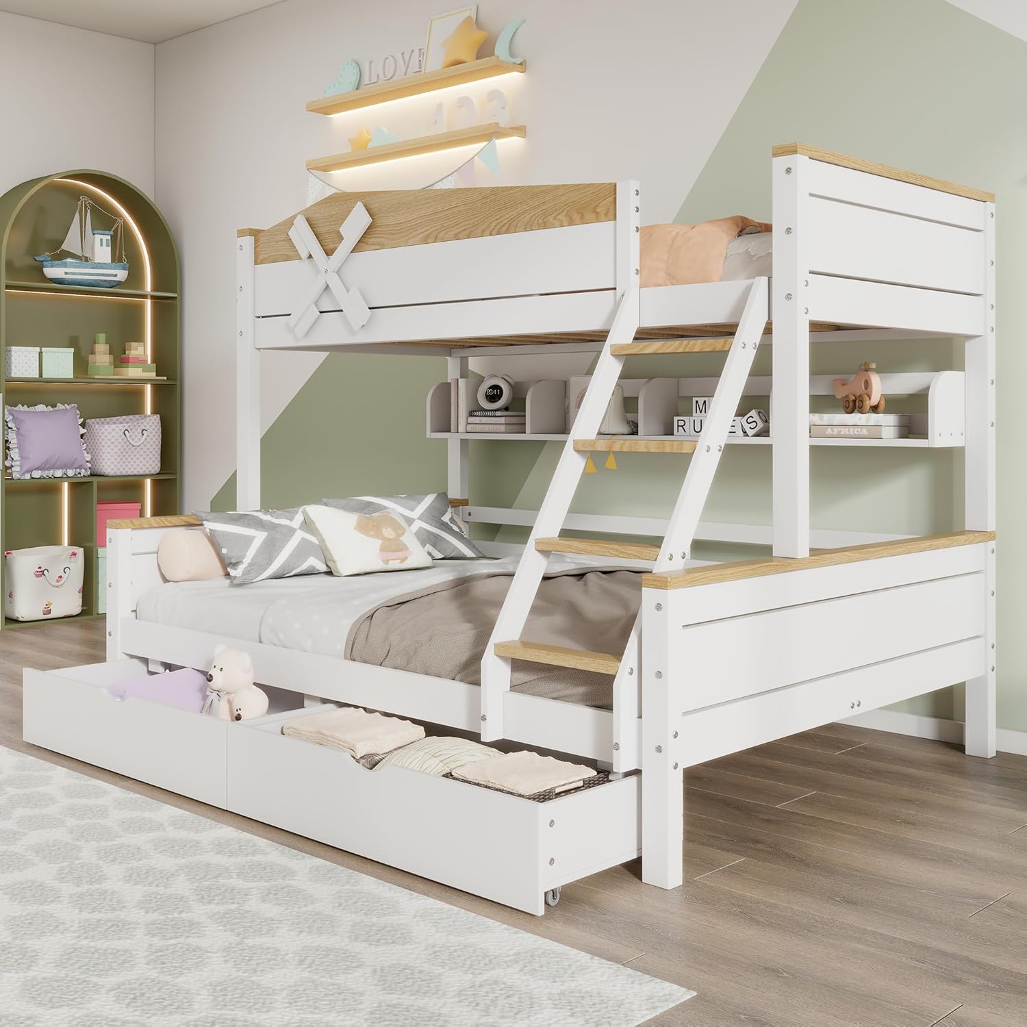 Rtopsu Kinderbett Etagenbett 90 × 200 cm & 140 × 200 cm mit Stauraum und Leiter, Spielzeug, Doppelbett, Weiß