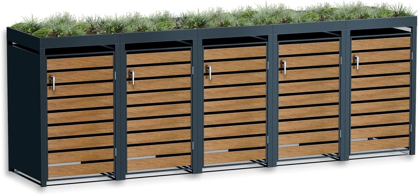 Metzler Mülltonnenbox 5er 240 l in Anthrazit & Holzoptik mit Pflanzdach & Sichtstreifen, 332,2 cm