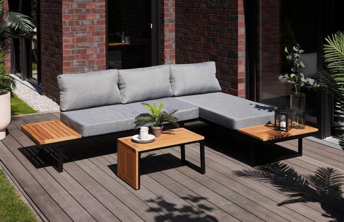 Primaster Gartenmöbel Set Vulcano 4 Personen Holz Alu Ecksofa, Tisch, 44 cm, 12 cm, 65 cm, 220 kg, 30 °C, Aluminium, Schwarz