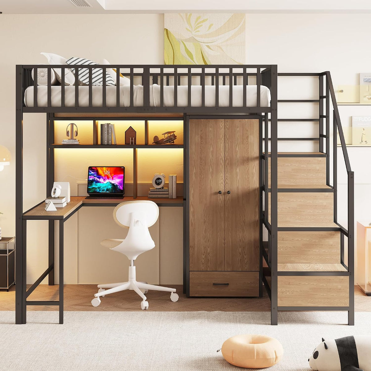 Merax Metall Hochbett 140 × 200 cm, Schreibtisch, Kleiderschrank, Schlafzimmer, 175 cm, LED, Montage erforderlich, Schwarz