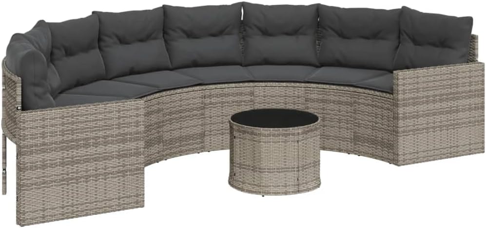 VidaXL Gartensofa mit Tisch und Kissen Halbrund Grau Poly Rattan, Gartensessel, Terrassensofa, 110 kg