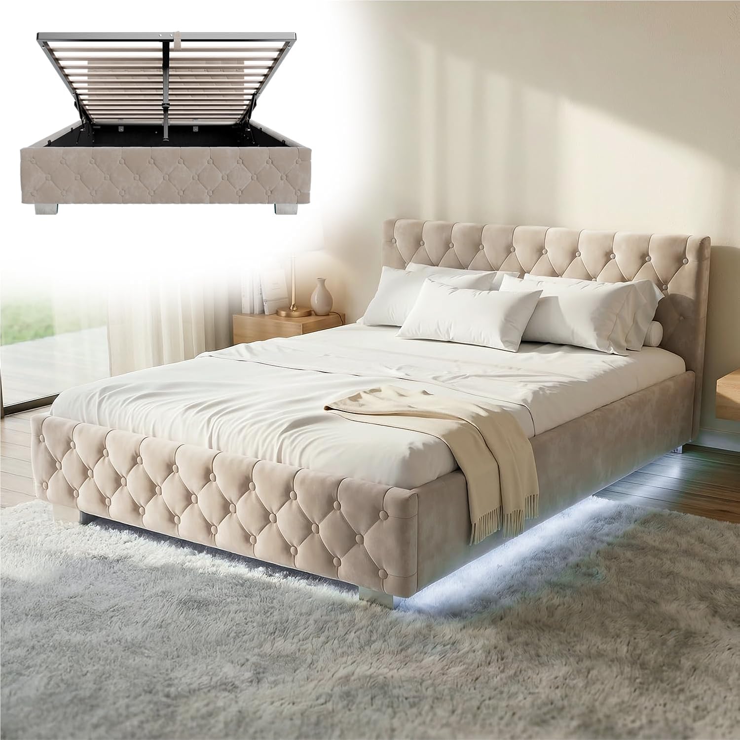Juskys Polsterbett Nizza 140 × 200 cm Samt mit Stauraum, Gästebett, Schlafzimmer, 250 kg