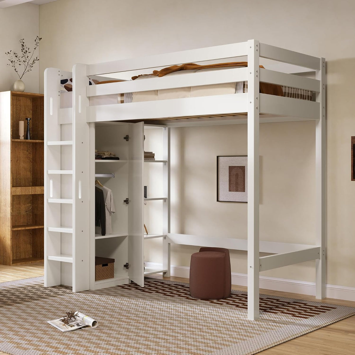 LAKFEW Hochbett Kinderbett 90 × 200 cm mit Kleiderschrank, Kinderhochbett, Matratze, Outdoor, 40 cm, Aluminium