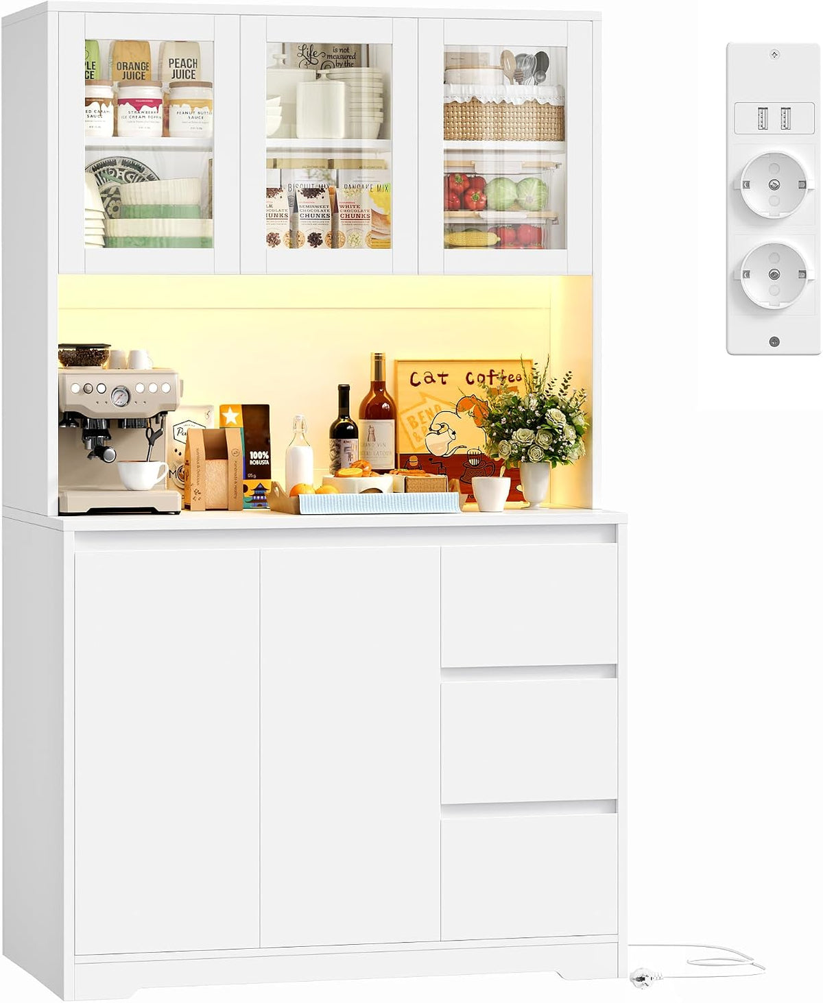 FirFurd 180 cm Küchenschrank, Buffetschrank, Ästhetisch, 38,5 cm, 5 V, 220–250 V, LED-Beleuchtung, Verstellbare Einlegeböden