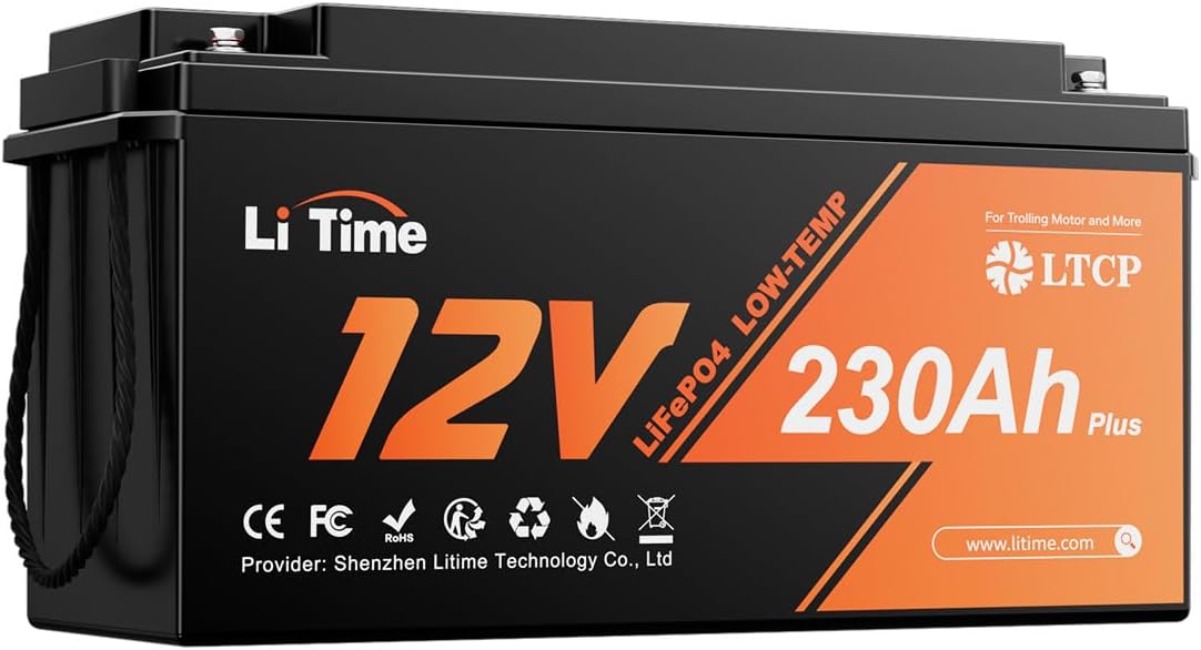LiTime 12 V 230 Ah Plus Low-Temp-Schutz LiFePO4 Batterie Eingebautes 200A BMS, 2560 W, 12,8 V, 2944 Wh, 1 kWh, IP65, Kunststoff