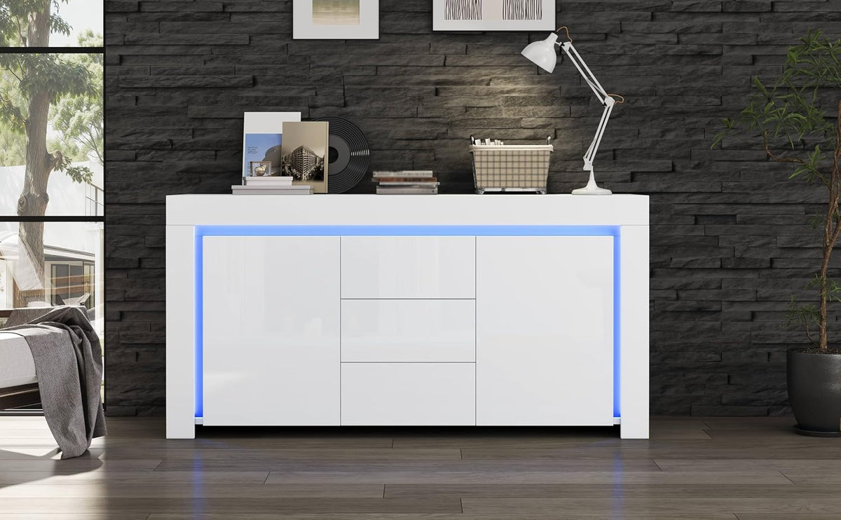 Kommode Weiß Hochglanz Sideboard LED, QQJIN, 140 * 40 * 65 cm Moderne Kommode mit 3 Schubladen, 2 Türen, App-Steuerung, App-/WLAN-Steuerung
