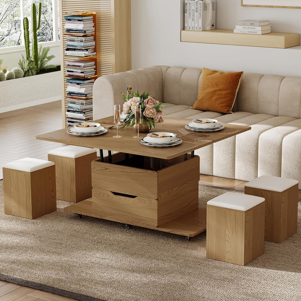 Homary Höhenverstellbarer Couchtisch mit Stauraum und 4 Hockern & Rollen, Wohnzimmertisch, Esstisch, 64,5 cm