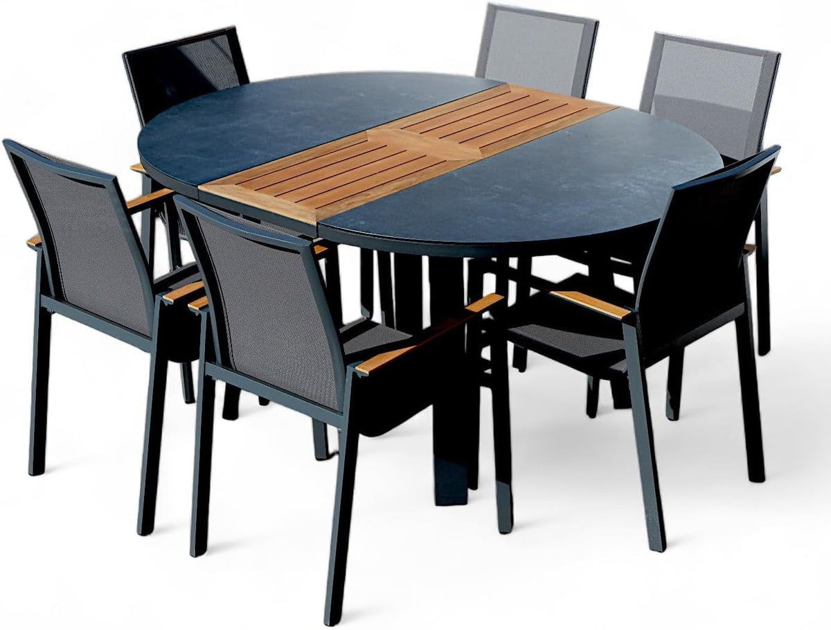 ALEOS. Gartengarnitur Gartenset Aluminium Teak Set mit rundem Ausziehtisch, Sessel, 120 cm, 160 cm, 75-77 cm, 33 kg, 3,3 kg