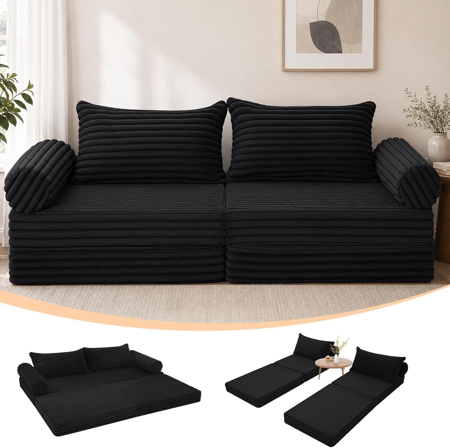 MeMoreCool Umwandelbares Schlafsofa mit Kissen, Boden-Sofa, Bett, Grau