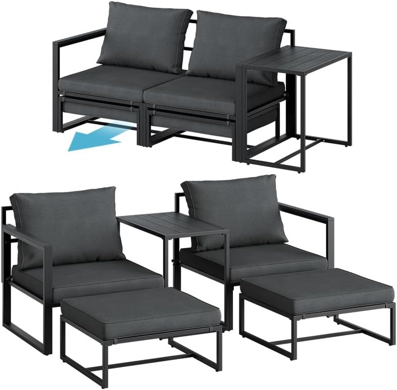STEELSØN Asteri Sitzgruppe 5-teilig Gartenmöbel-Set, Gartenmöbel Set mit 2 Sessel, 2 Hocker, 1 Tisch, wetterfest, Terrassenlounge für 2-4 Personen