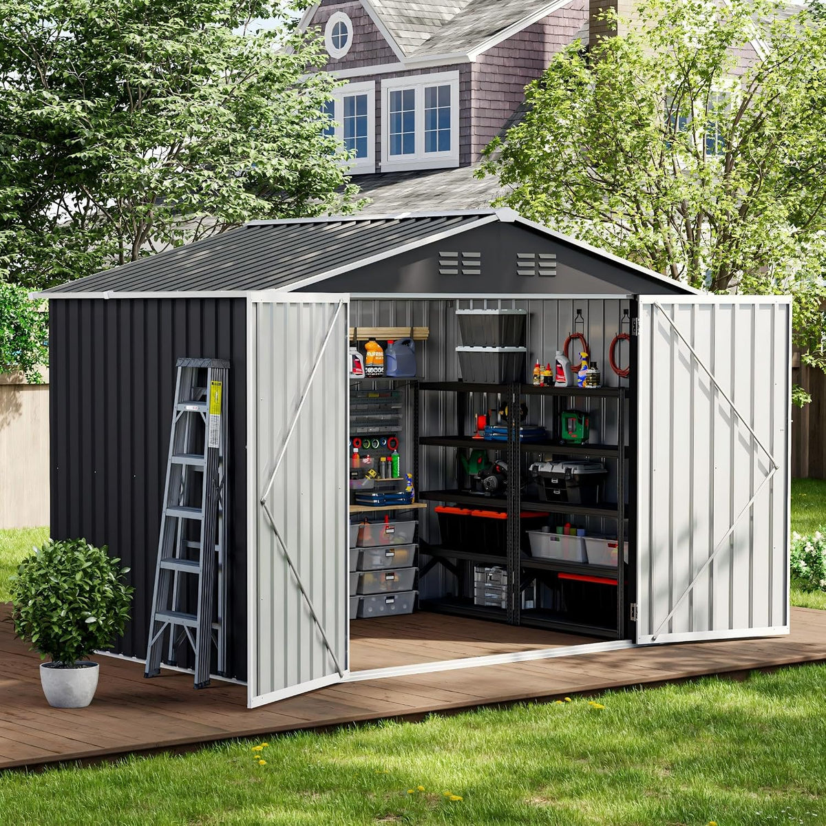 UDPATIO Metall Gartenhaus mit 7 m3, Rasenmäher, Outdoor-Stuhl, 193 cm