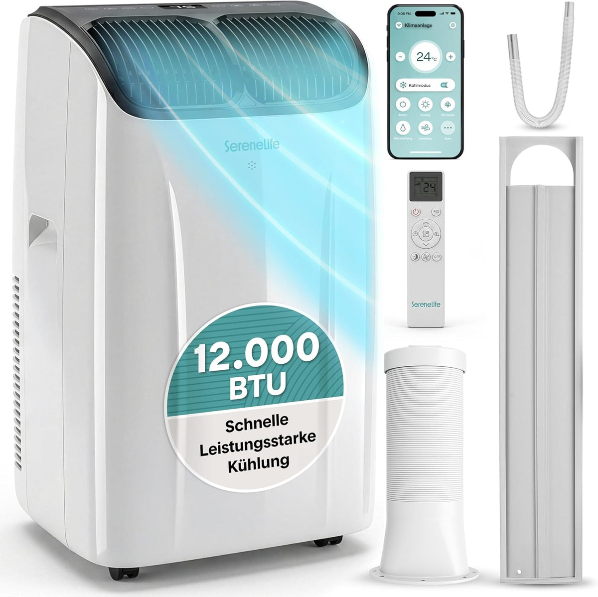 SereneLife Klimaanlage Mobil 12.000 BTU mit Heizfunktion, Automatisch, Ventilator, Schlafzimmer, 48–51 dB