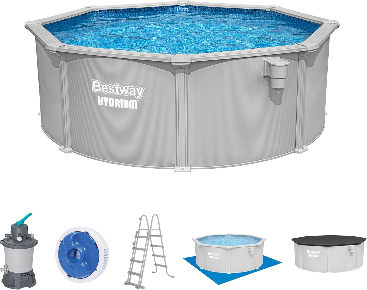 Bestway Hydrium Stahlwandpool Komplett-Set rund 366 × 122 cm Granitgrau Gartenpool, 3.596 l, 85 W, 250 g
