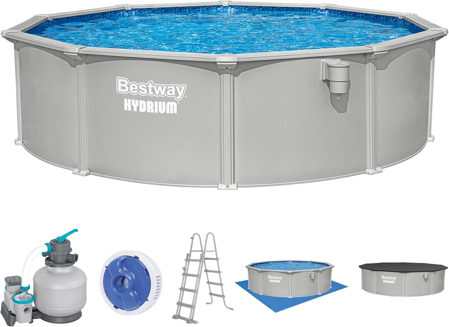 Bestway Hydrium Stahlwandpool Komplett-Set rund 457 × 122 cm Granitgrau Gartenpool, 6.056 l, 230 W, 1.000 g