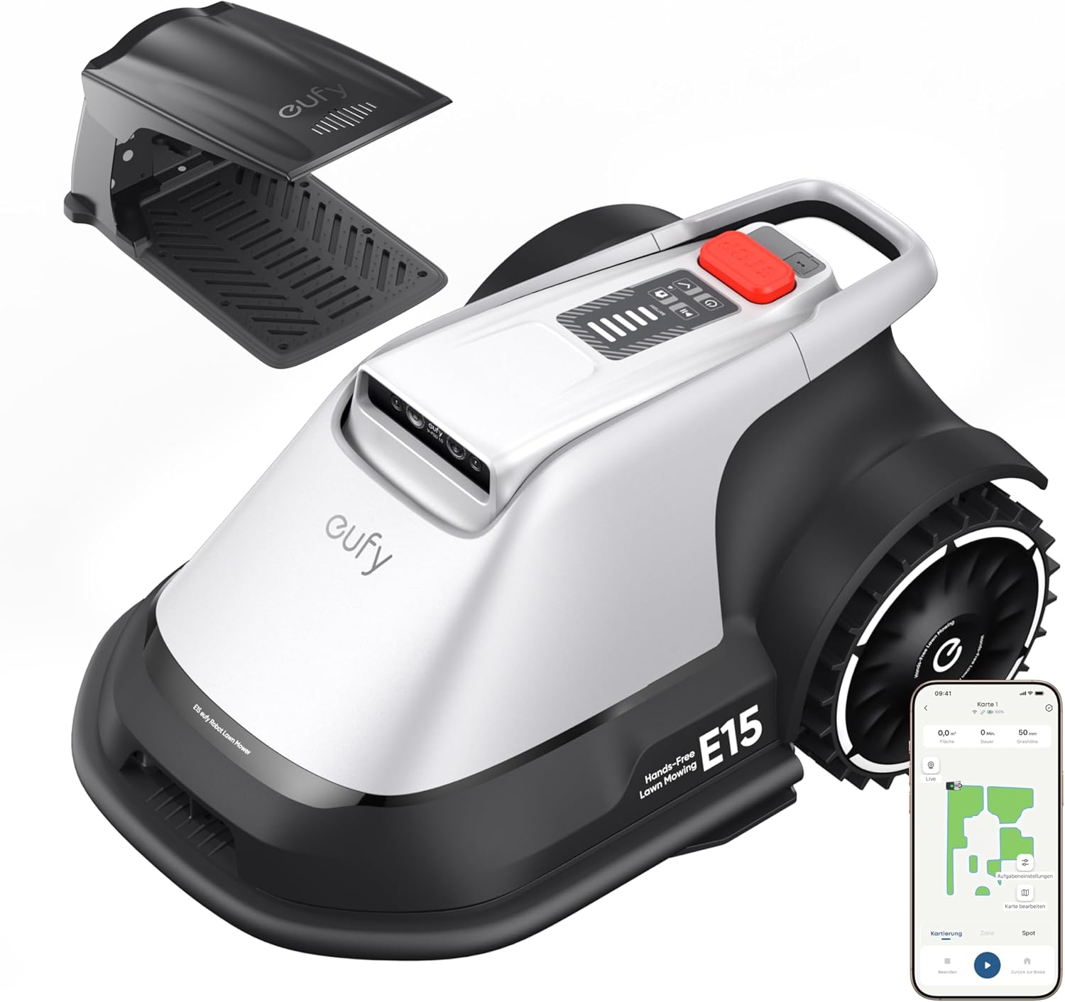 Eufy E15 Mähroboter ohne Begrenzungskabel, Automatisch, Fernkamera, Garten, 5 Minuten, 25–75 mm, 4 G, App
