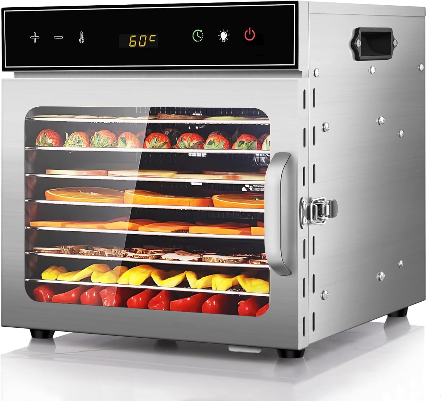 oiyocemo Dörrautomat Edelstahl mit Rezeptheft 8 Etagen, 500W, Timer, Große Kapazität für Fleisch, Obst, Gemüse, Kräuter