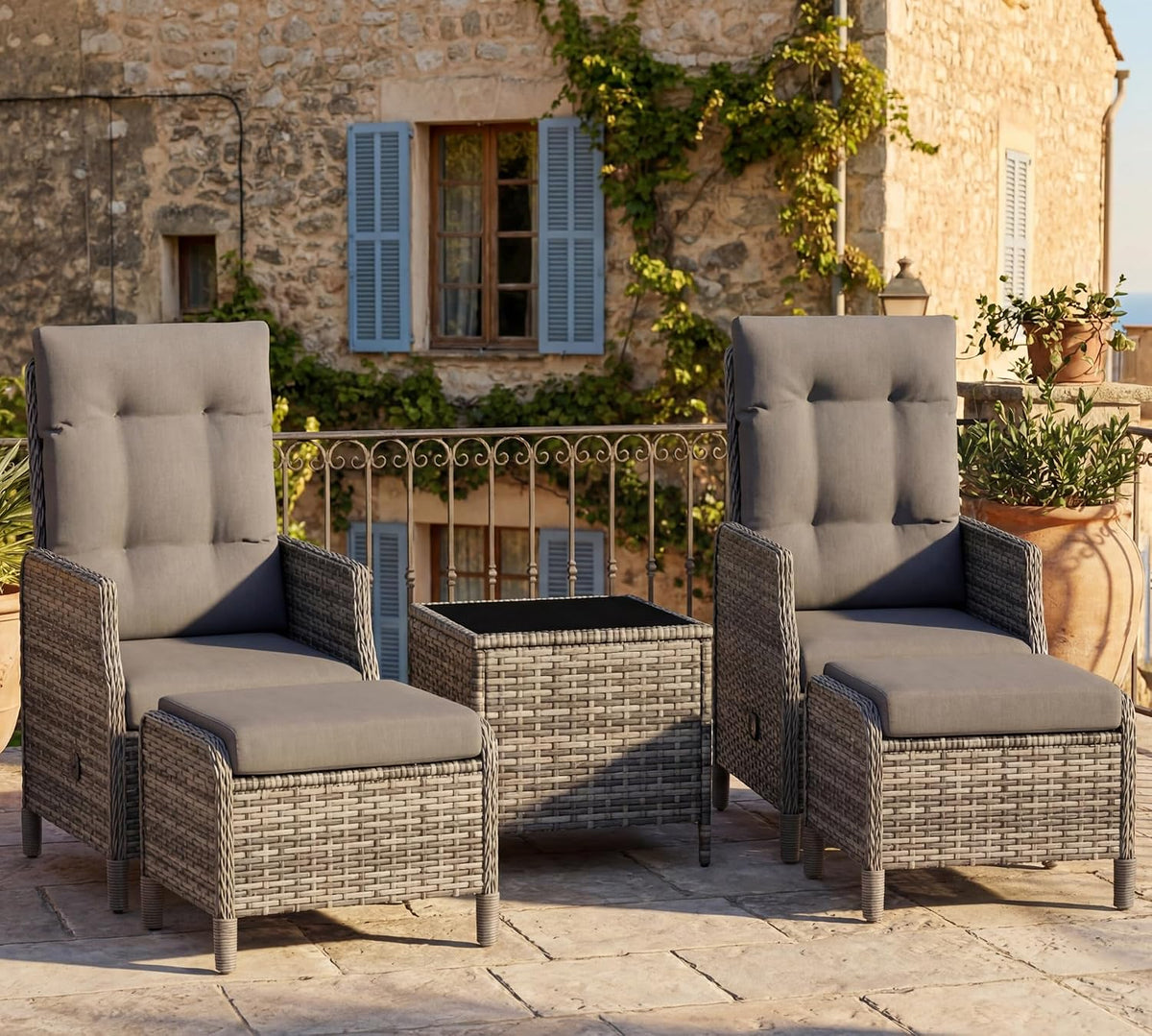 UDPATIO Rattan Gartenmöbel Set 5-teilig mit Verstellbaren Sessel, Beistelltisch, Kaffeetisch, 9 cm, 102 cm, 30 Minuten