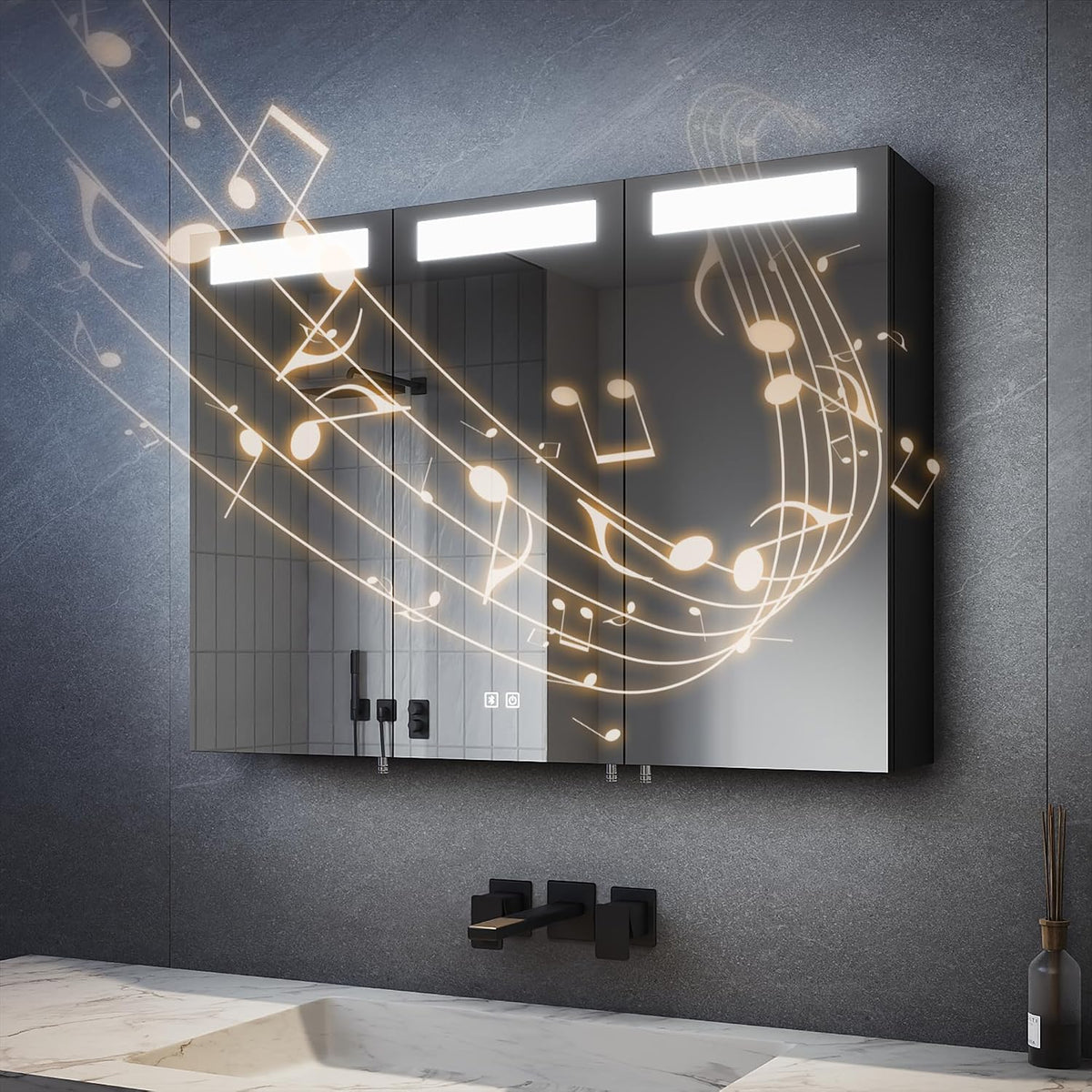 SVNR 90 × 65 cm Spiegelschrank mit LED-Beleuchtung fürs, App-Steuerung, App-/WLAN-Steuerung, 3-Türiger badspiegelschrank Beleuchtung mit Bluetooth