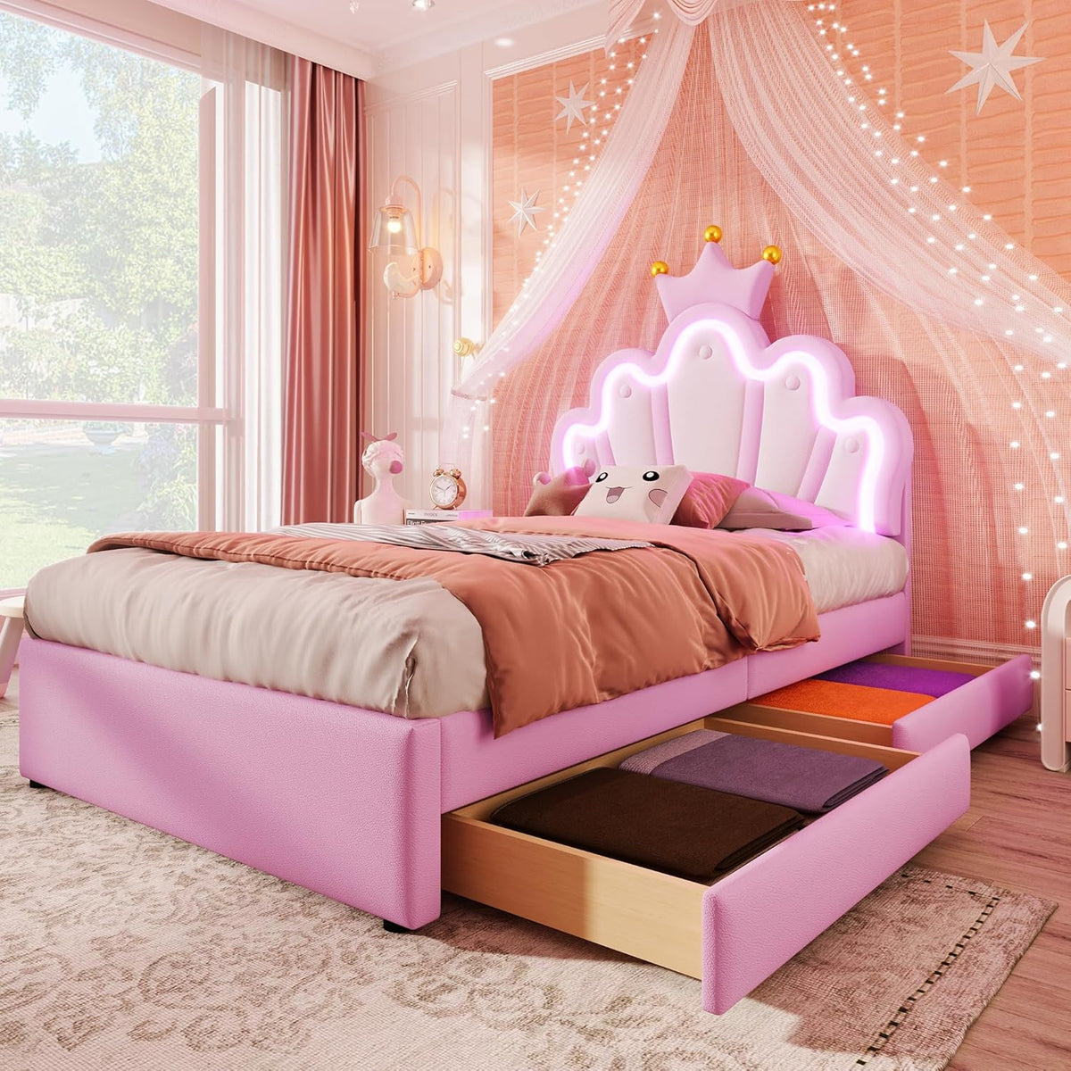 Bett Kinder Polsterbett 90 × 200 RIAZOS, Einzelbett mit LED und 2 Schubladen, PU-Leder, Bettgestell für Mädchen, Kronenförmiges Prinzessinnenbett