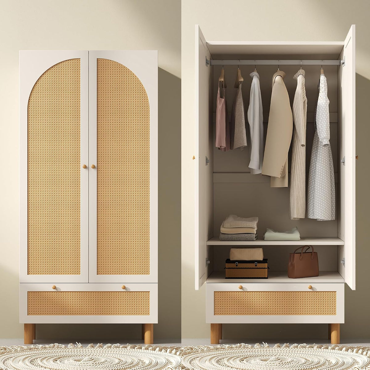 Gelukueub Kleiderschrank Garderobenschrank mit 2 Türen & Rattan, 180 × 85 × 52 cm (H/B/T), Produktbeschreibungen AB20107980 W Maße, 77 × 34 × 11