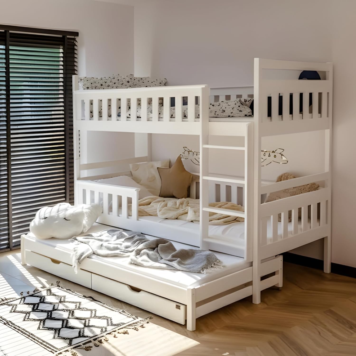 Kids Collective Hochbett 90 × 200 mit 3 Matratzen, Rausziehbett, Etagenbett, 100 kg