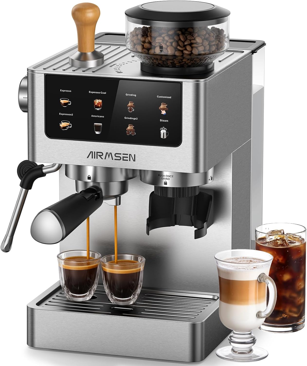 AIRMSEN 20 Bar Siebträgermaschine mit Kegelmahlwerk & Milchschäumer, Espressomaschine, Kaffeemaschine, 1350 W, 37 cm, 10,5 cm, Selbstreinigung, LED