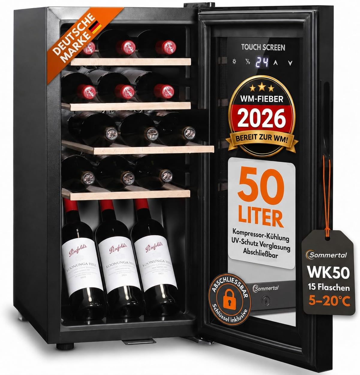 Sommertal Weinkühlschrank mit Glastür WK50, Weiß