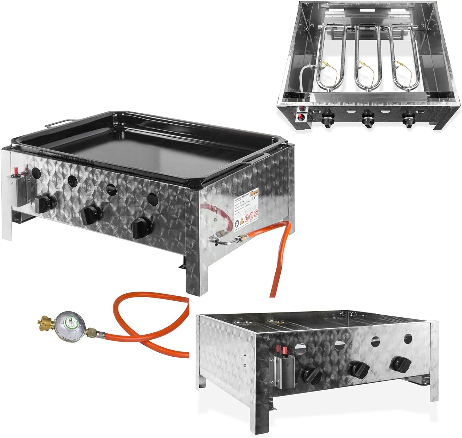 DEMA Gasbräter mit 3 Flammen, Gasgrill, Tischgrill, 30 cm, 1 m, 728 g, 10 kW, Edelstahl