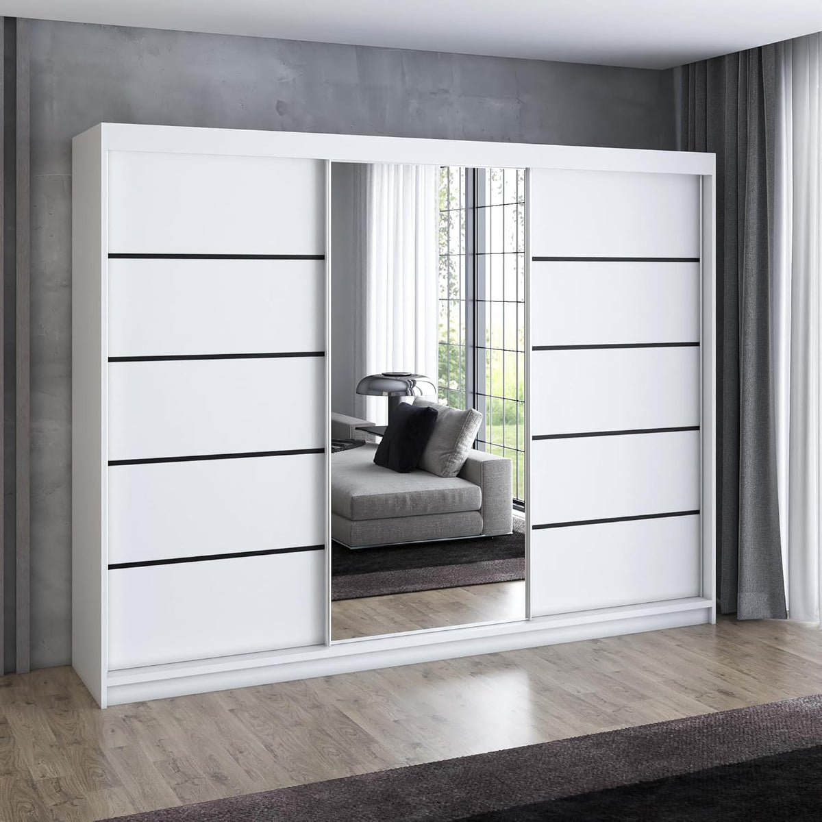 A&J MöbelLand Schwebetürenschrank VILUNO 2 Kleiderschrank 3-türig 200 cm mit Spiegel, Optisch, Schlafzimmerschrank, 16 mm, 215 cm, Aluminium