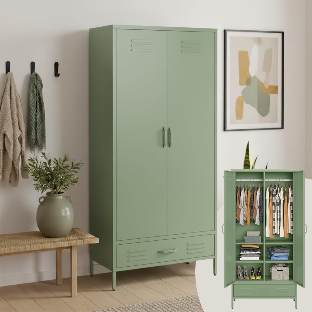 skølm Atria Kleiderschrank, Metallschrank mit 6 Fächern, 2 Kleiderstangen & 1 Schublade, Metallkleiderschrank 80 cm breit, Schlafzimmerschrank