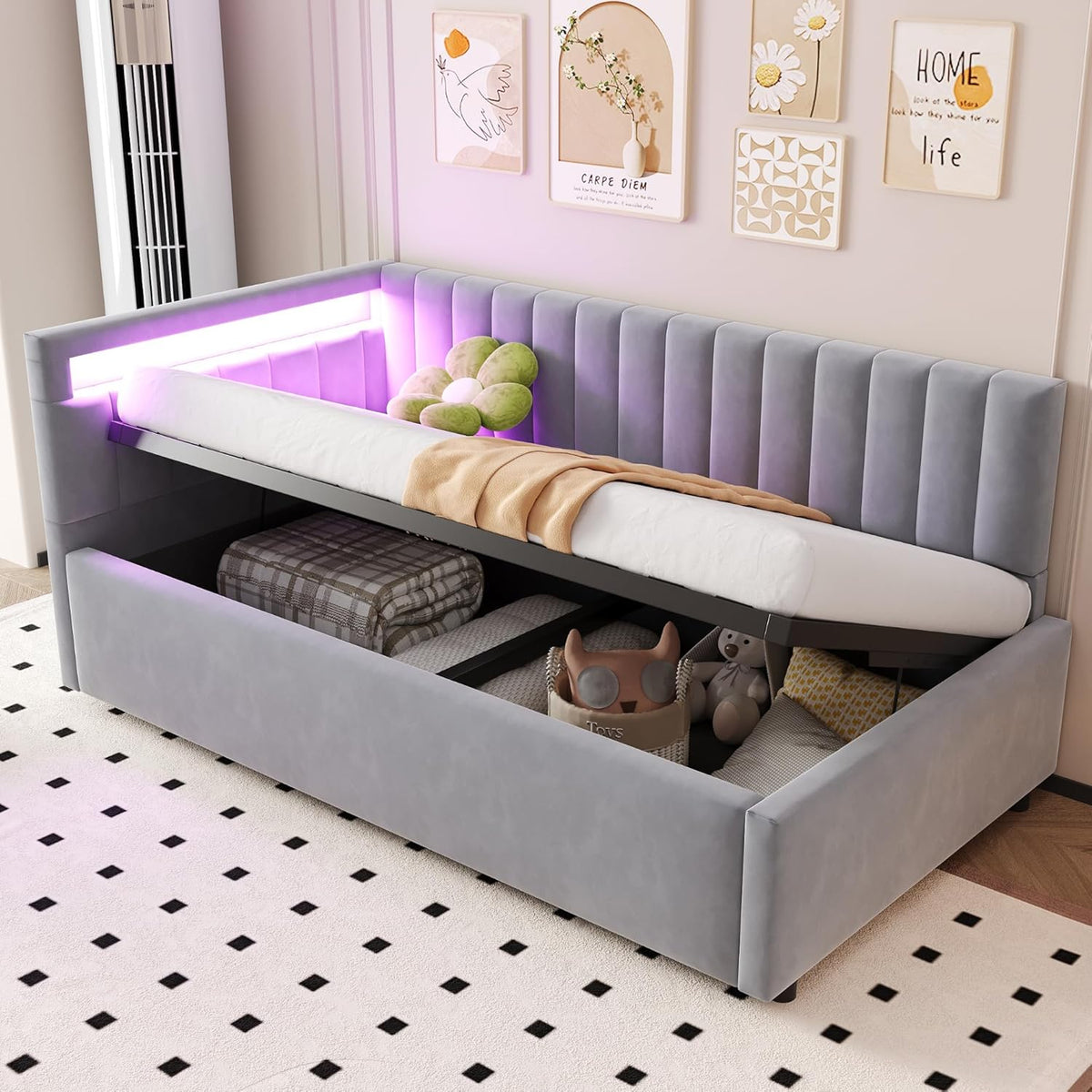 ANIROY Kinderbett Polsterbett 90 × 200 cm, Schlafsofa, Einzelbett, Schlafzimmer, 120 kg, Grau