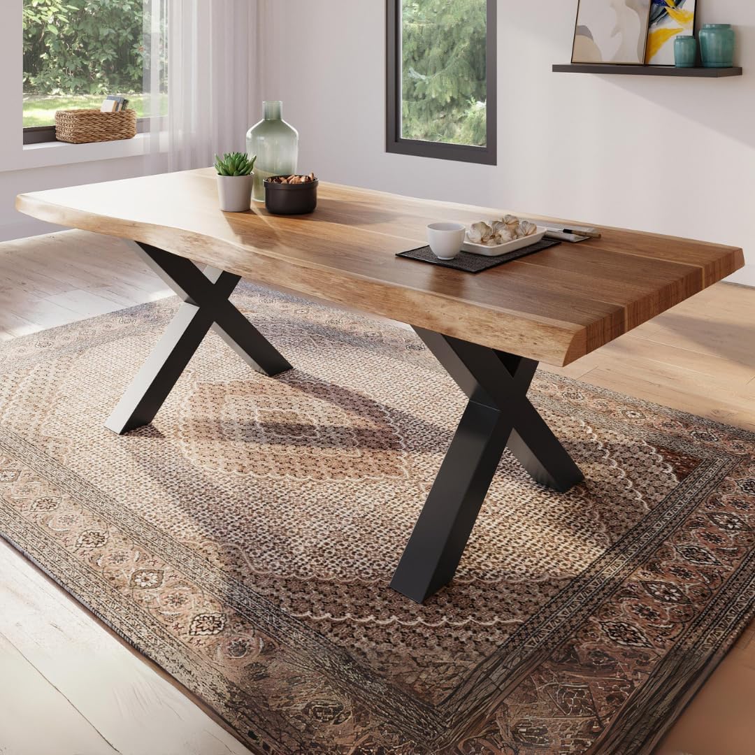 Esstisch Esszimmertisch 200 100 trelevo, 100 cm, Akazienholz massiv, Tischplatte naturfarben, echte Baumkante, X-Gestell schwarz, Baumkantentisch