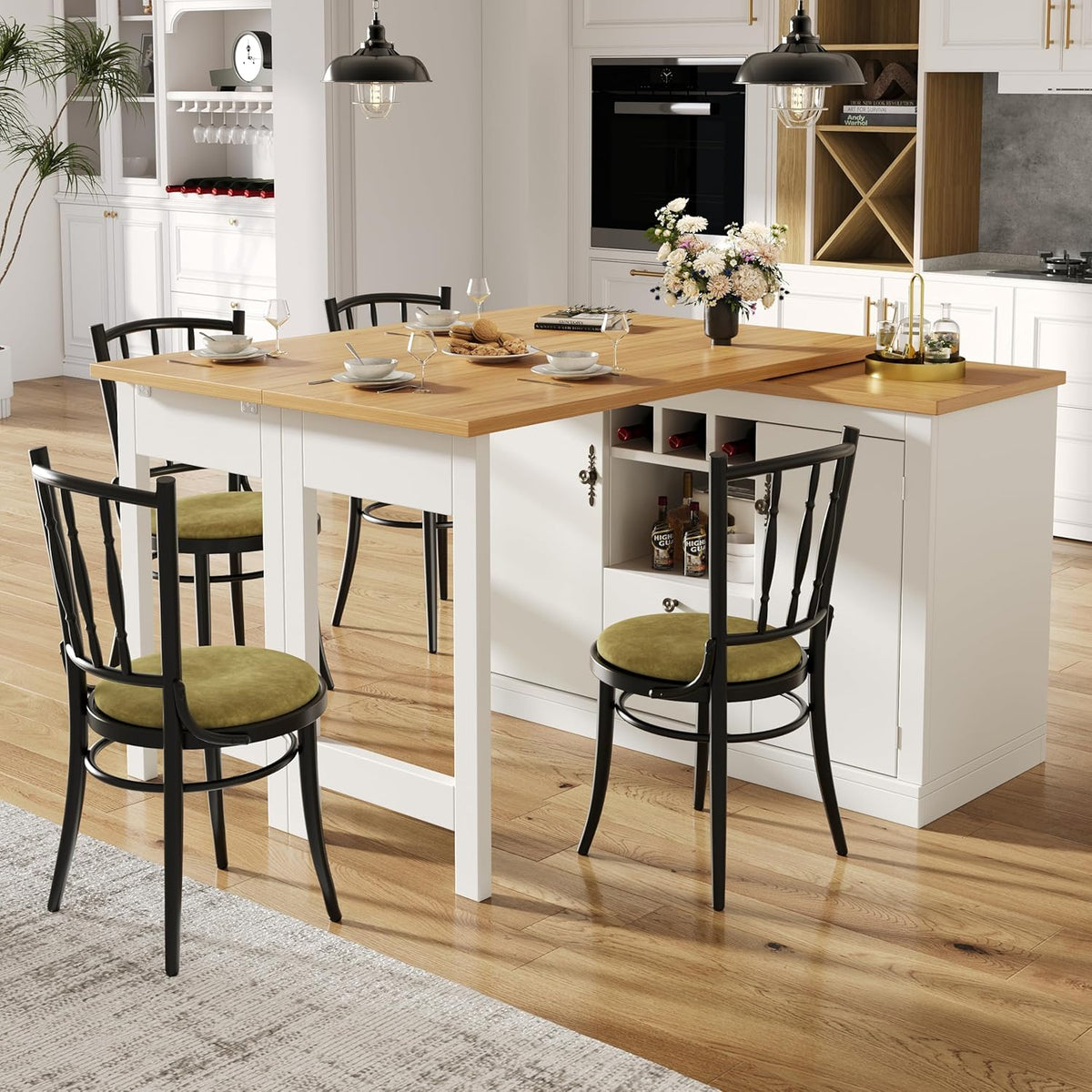 Kebnor Ausziehbarer Bartisch mit 360° Drehfunktion und Stauraum, Multifunktions-Bartisch, Sideboard-Bartisch, 120-180 cm, 40 cm, 76 cm, 48 KG, 60 kg