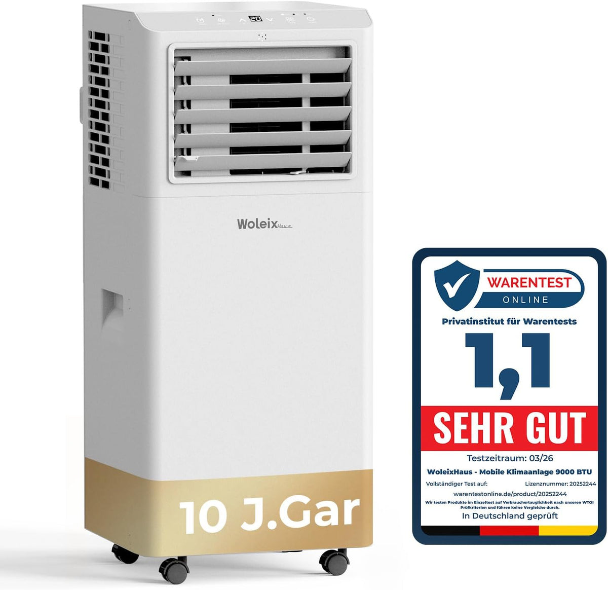 WoleixHaus Mobile Klimaanlage, Mobiles Klimagerät leise 55 dB, 9000 BTU, Entfeuchtungsfunktion, Timer, Entfeuchten, verstellbar, Weiß/Gold