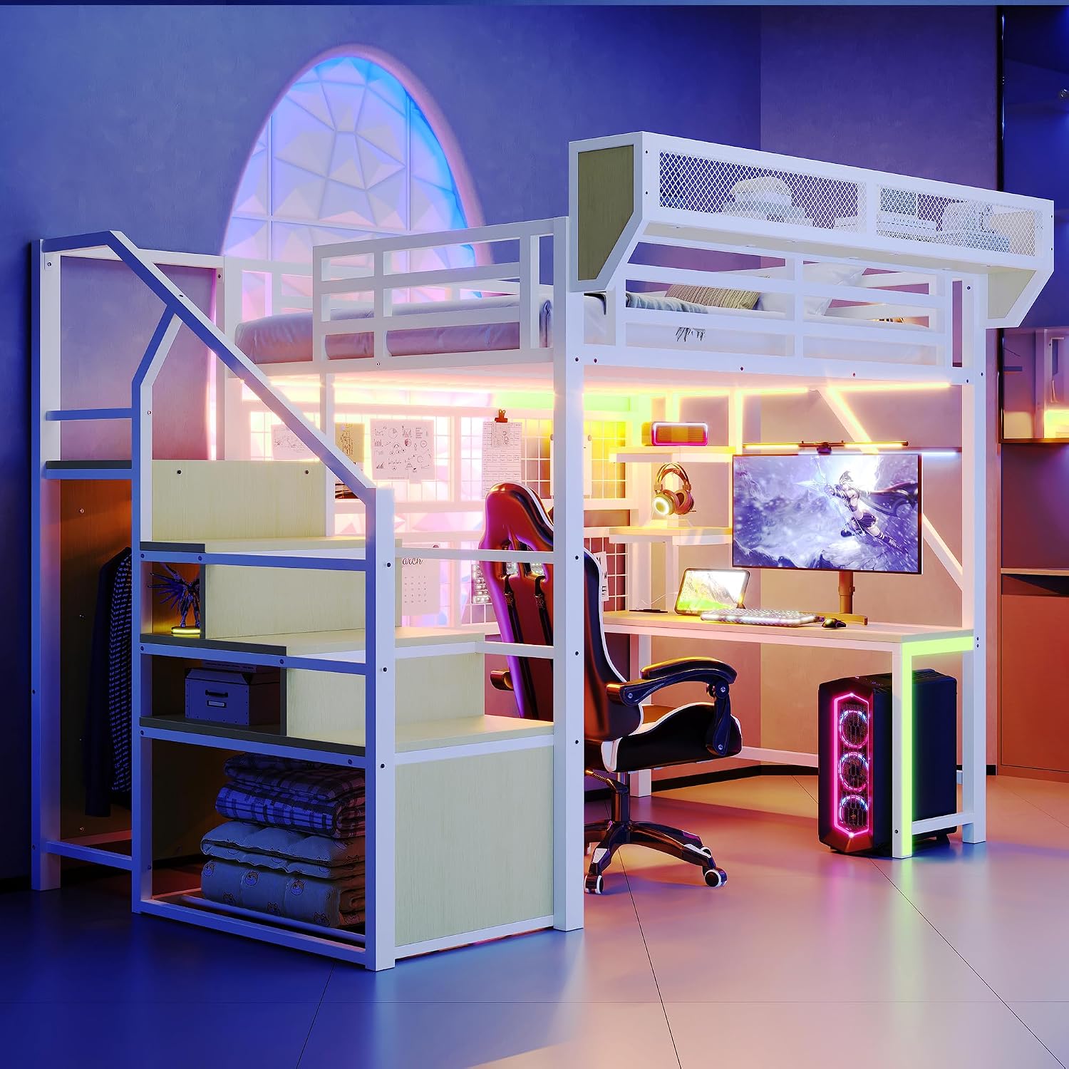 Merax Metall Hochbett 140 × 200 cm, Schreibtisch, Spielzeug, LED-Beleuchtung, Schwarz