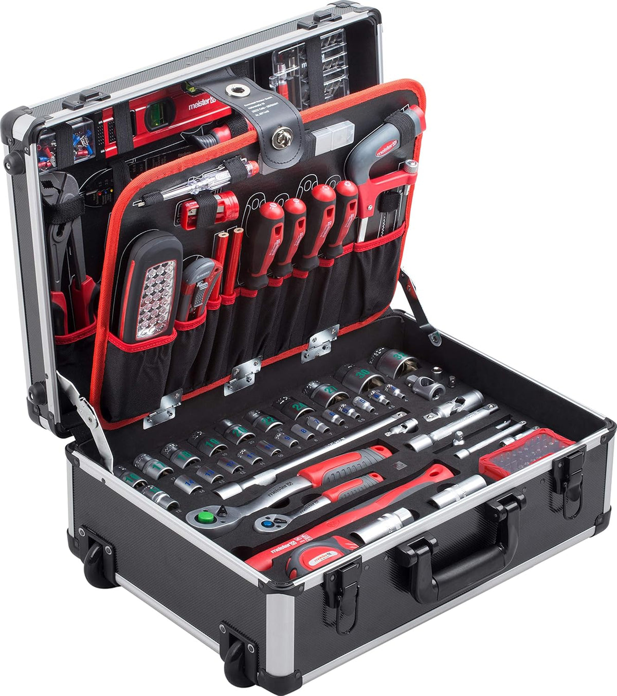 Meister Werkzeugtrolley 156-teilig - Werkzeug-Set-Mit Rollen- Teleskophandgriff/Profi, Aluminium
