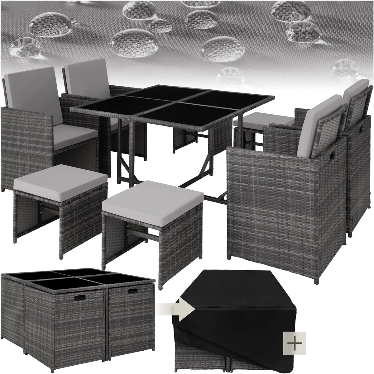 Tectake Lounge Möbel Set aus 4X Stühle, Esstisch, Sessel, Garten