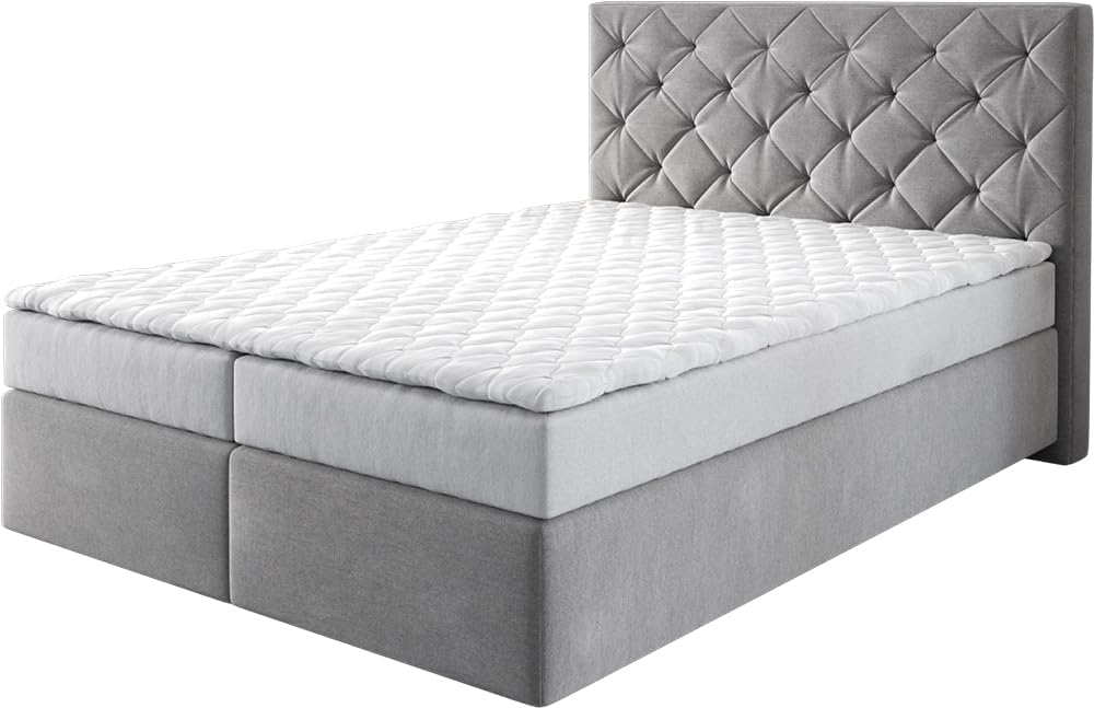 DELIFE Boxspringbett Dream-Great Mikrofaser Grau 140 × 200 cm mit Matratze und Topper, Schlafzimmer, 56 cm, 3 cm, 30 °C, 22 kg, Kunststoff