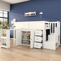 Merax Kinderbett Halbhochbett 90 × 200 cm, Treppenschrank, Spielzeug, Weiß