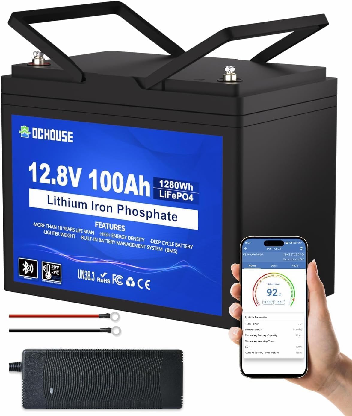 DCHOUSE 12 V 100 AH LiFePO4 Bluetooth Lithium Batterie, Automatisch, Autobatterie, Wohnmobil, 1280 Wh, 57 WH, 1 V, 7 °C, APP