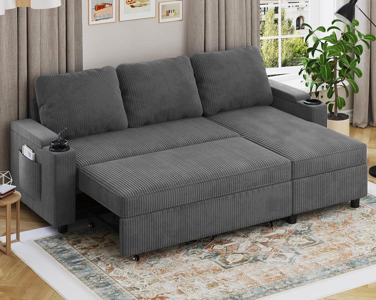 Devoko Ecksofa mit Schlaffunktion und Bettkasten L-Form Sofa 3-Sitzer Ausziehbares, M-Standardbett, Schlafsofa, 1,74 m