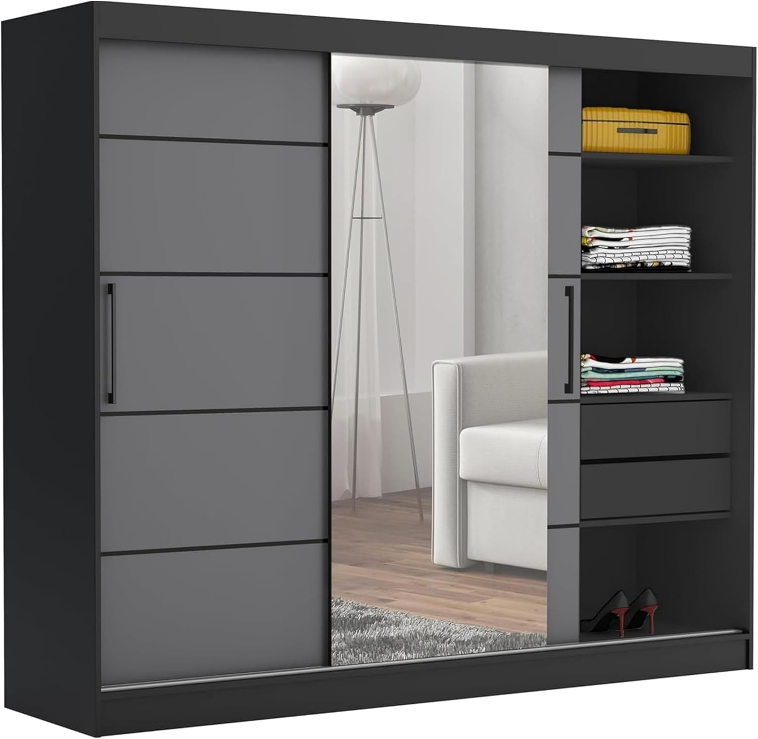 Brent - Kleiderschrank mit Spiegel und Schubladen 235 cm Breit Chelsea Tomy, Schiebetüren-Kleiderschrank, Optisch, 16 mm, ALUMINIUM